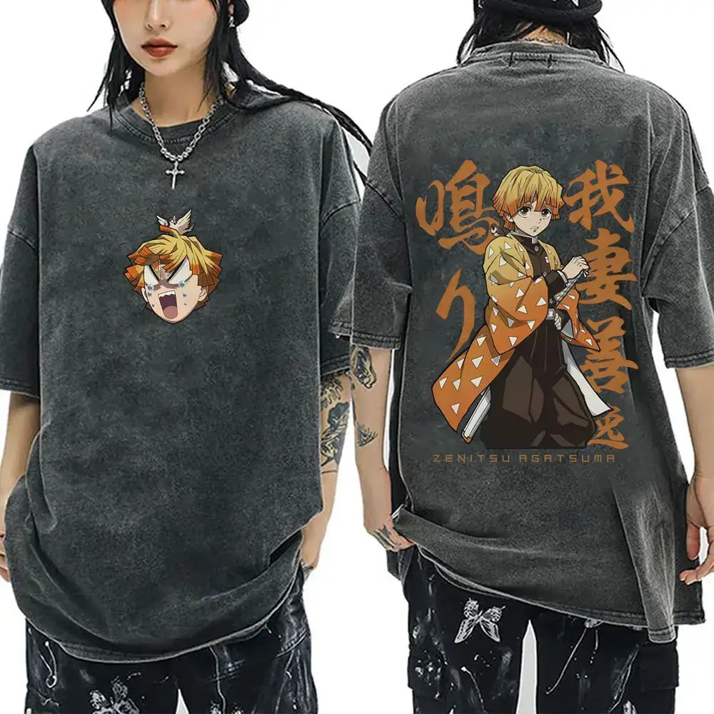 A vintage washed Demon Slayer Serpent Hashira Iguro Obanai T Shirt in a casual, oversized style for men and women.