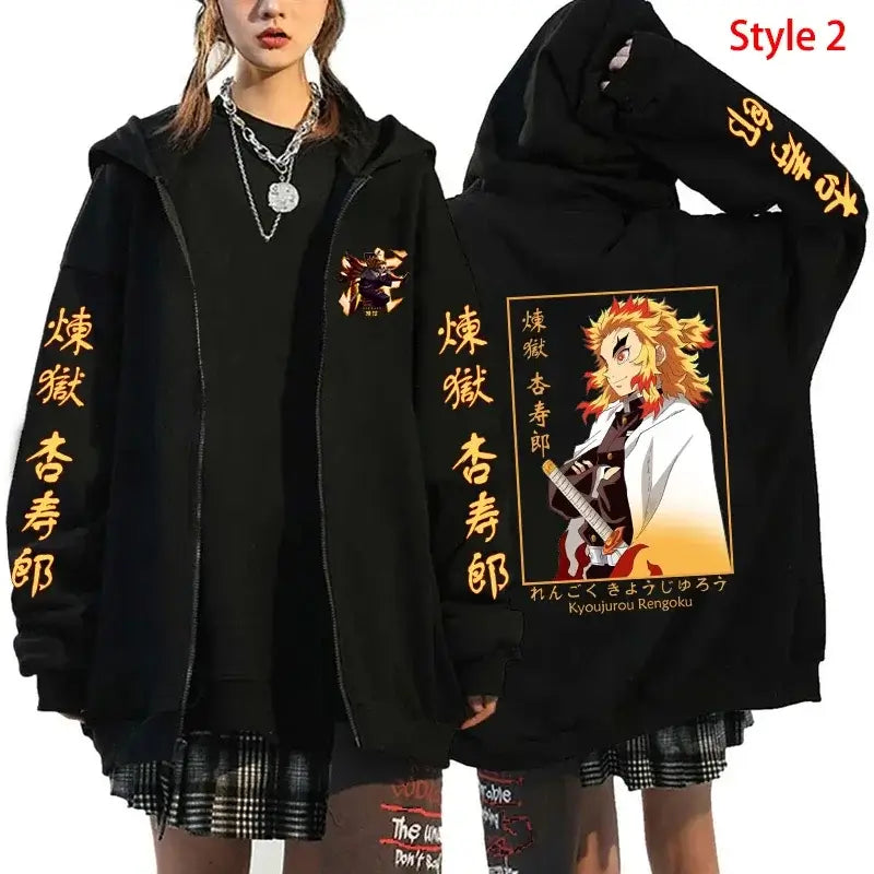 A stylish Rengoku Zipper Hoodie featuring Kyoujurou anime graphics, designed as a casual autumn jacket for men and women.