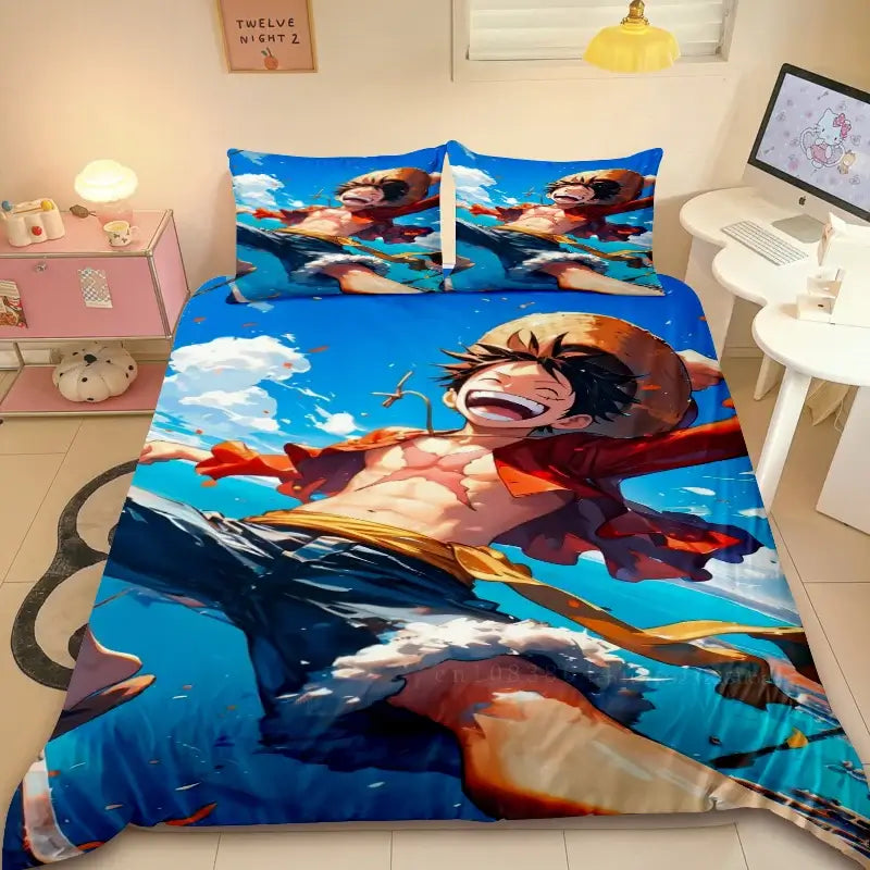 A comfortable Duvet Cover One Piece cartoon bedding set, showing the Straw Hat Pirates, an ideal holiday gift for friends and children.