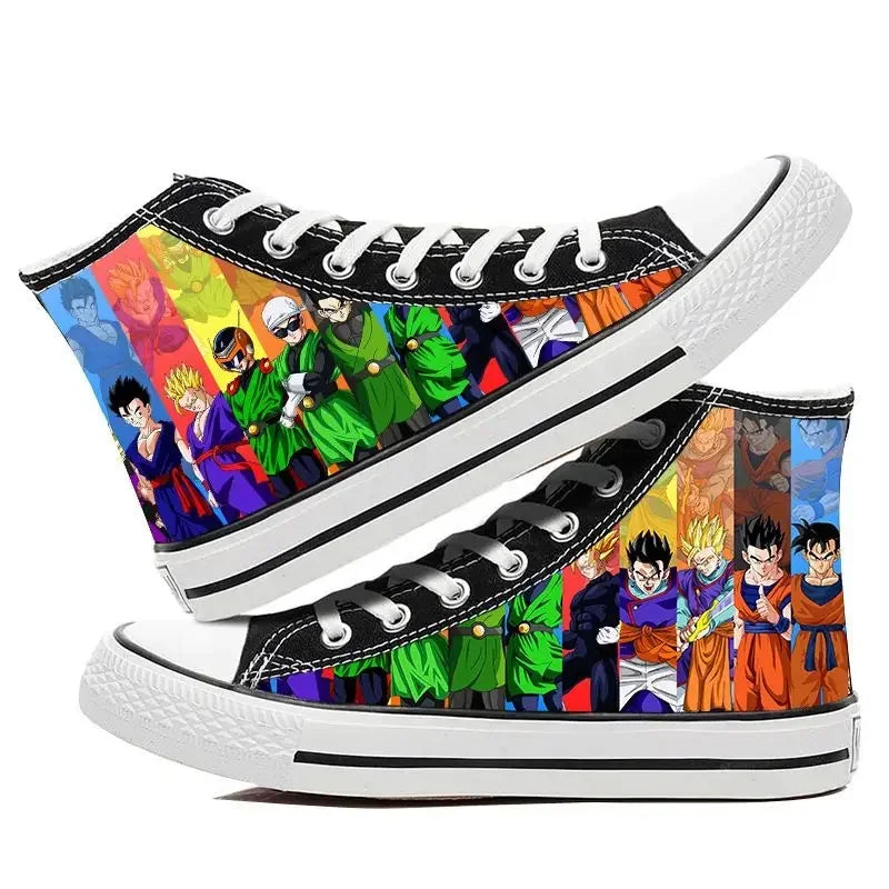 Trendy Dragon Ball High Top Canvas Shoes featuring Goku and Vegeta animation art, breathable flat sneakers for students and fans.