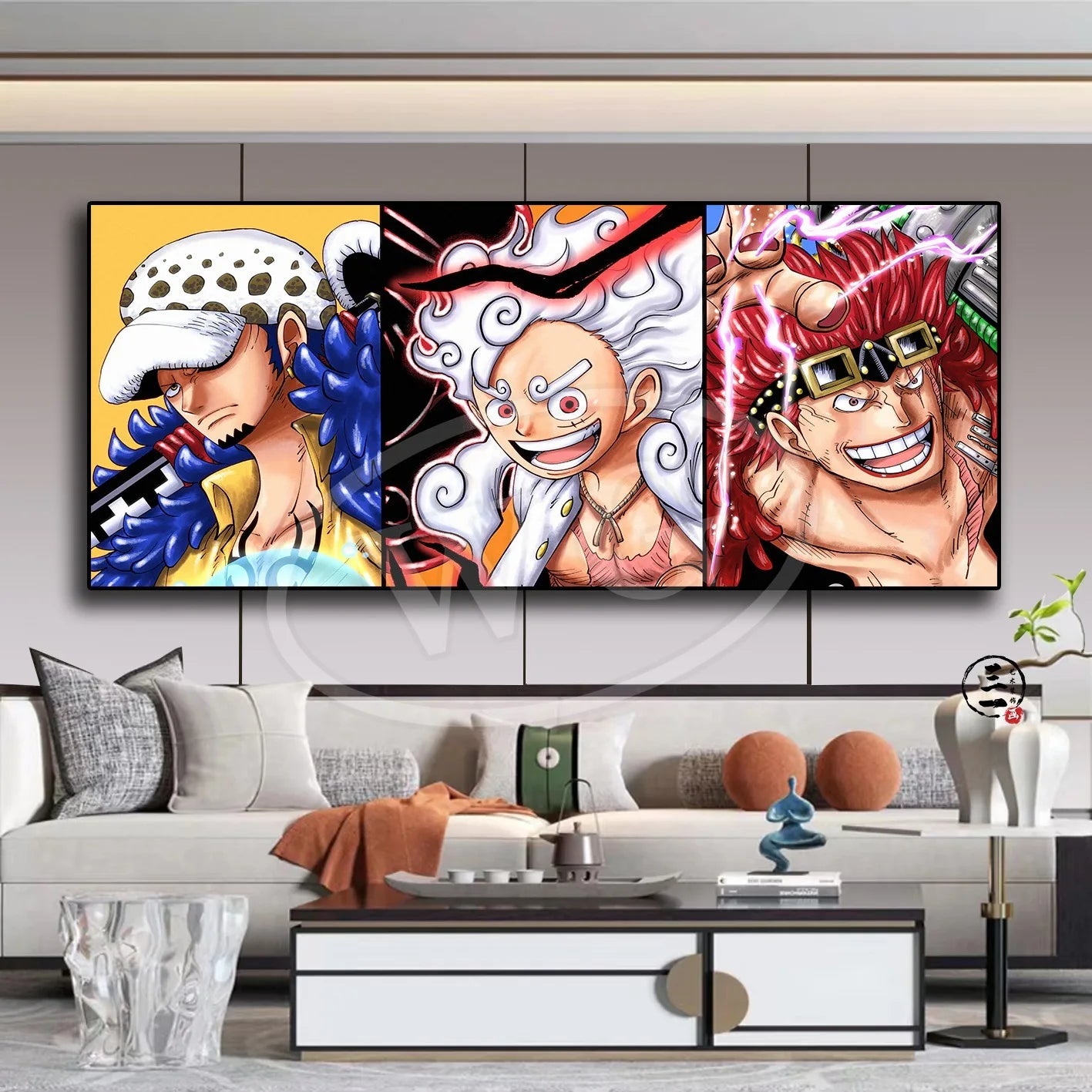 A high-quality One Piece decorative painting featuring Monkey D. Luffy, Roronoa Zoro, and Portgas D. Ace as a sofa background wall hanging.