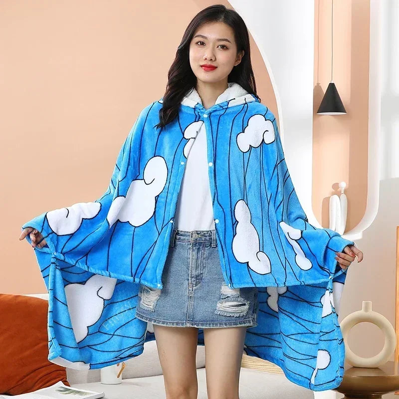 A cozy Demon Slayer Blanket styled as a Tanjiro Kamado plaid haori, functioning as a wearable bathrobe and anime cosplay shawl.