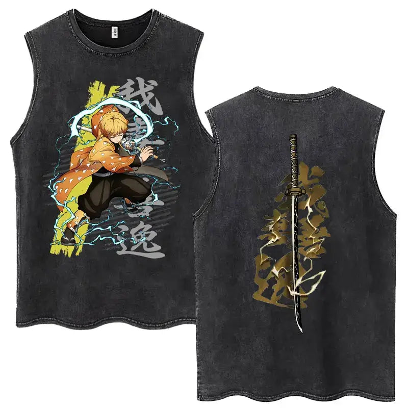 A washed retro Zenitsu Demon Slayer Tank Top featuring Agatsuma Zenitsu manga art, sleeveless cotton summer streetwear for men and women.