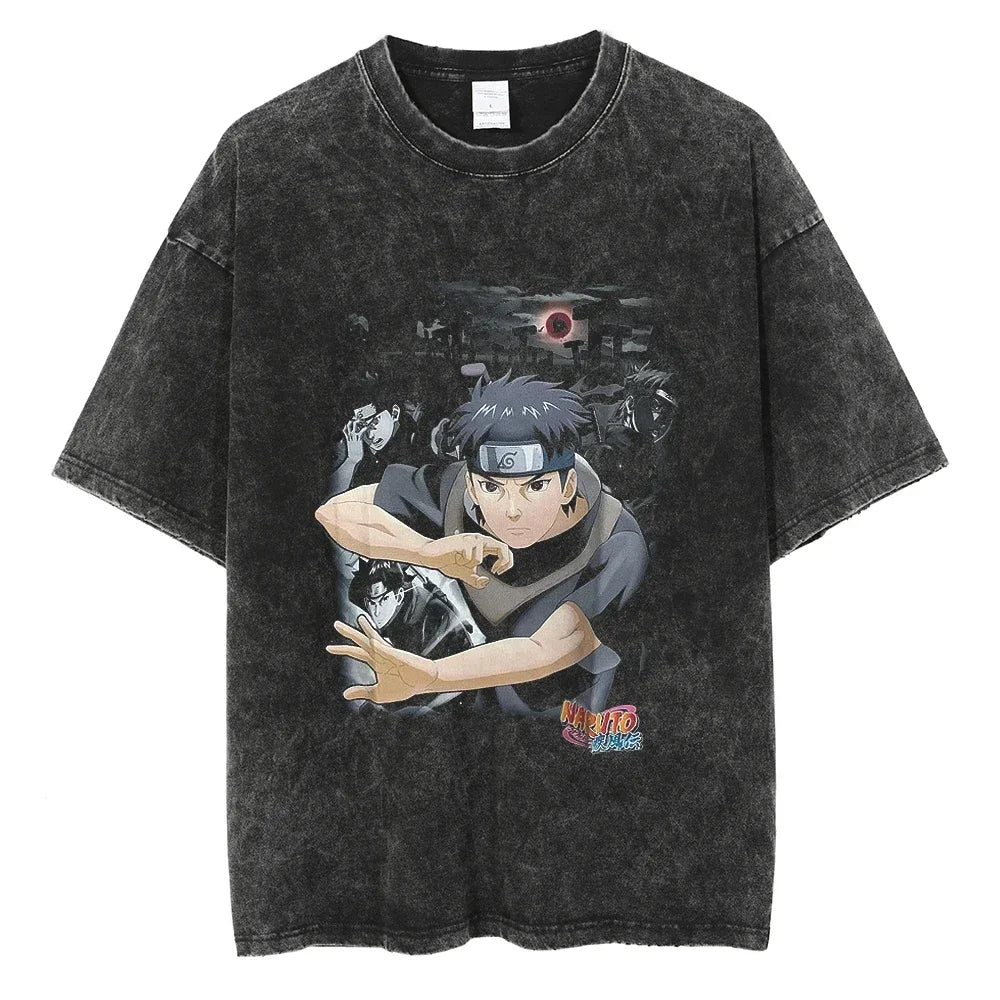 Men's vintage Naruto Rock Lee Streetwear T Shirt in a washed black style, featuring an anime graphic of the taijutsu master.