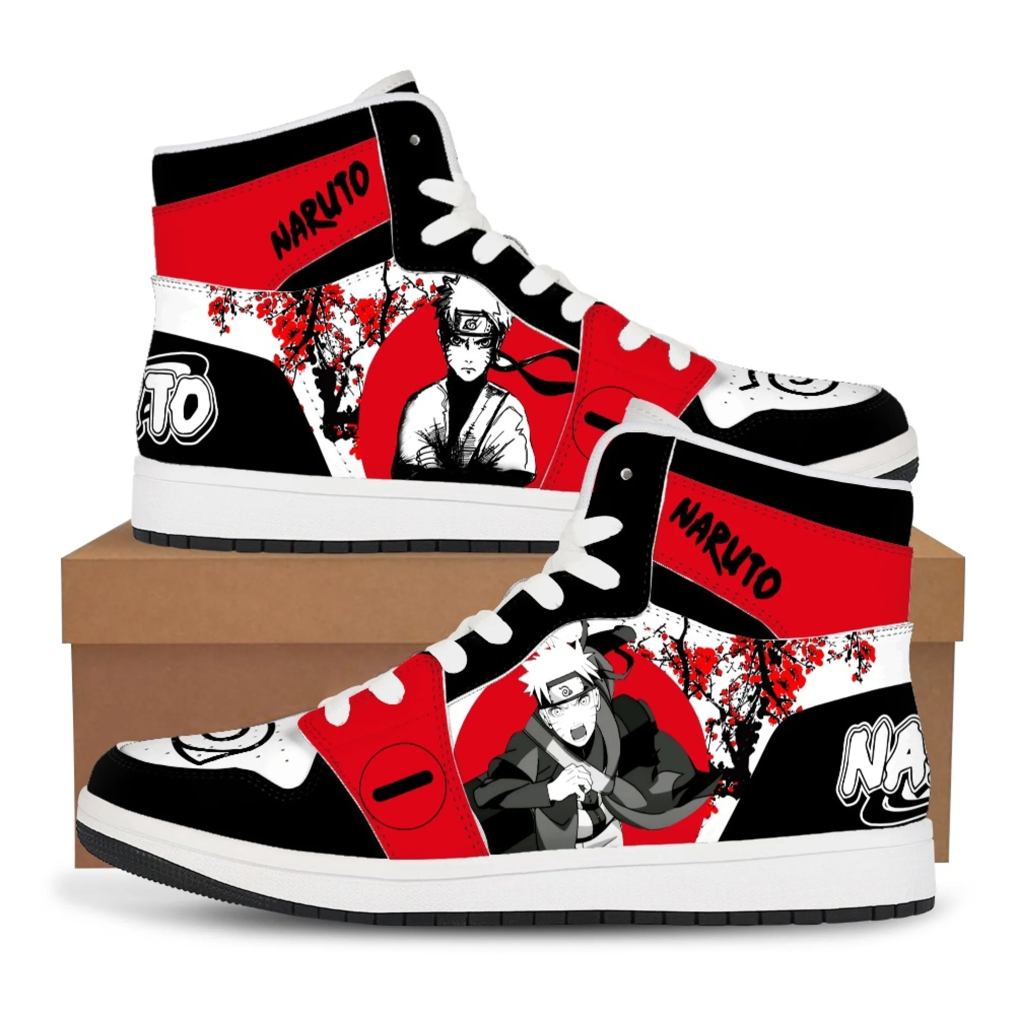 Trendy black Akatsuki High-Top Sneakers featuring the red cloud anime symbol, comfortable casual basketball shoes for men.