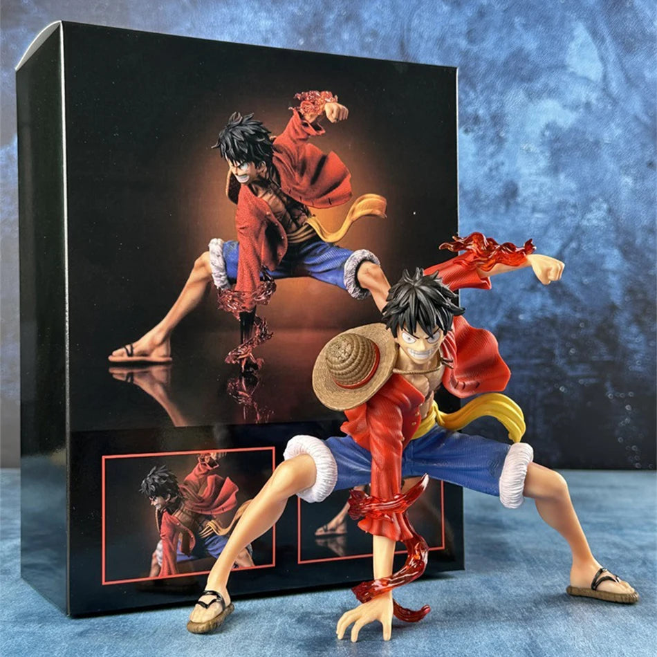 A detailed 20cm One Piece Luffy Figures statue showing Monkey D. Luffy in a dynamic battle style pose, made of PVC for anime collections.