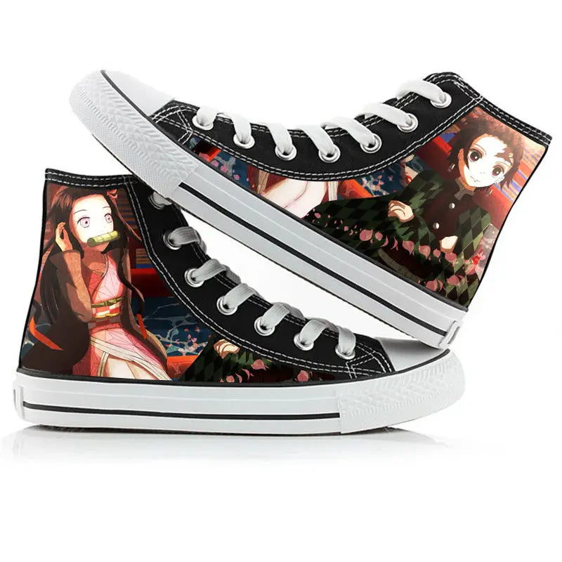 A pair of kawaii Anime Demon Slayer Canvas Shoes in a hand-painted high-top sneaker style for boys and girls.