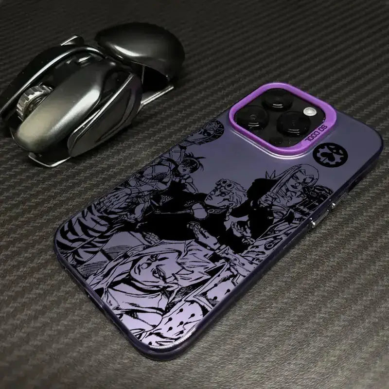 A shockproof JoJo's Bizarre Adventure Phone Case featuring colorful anime art of Jotaro and Dio, compatible with Apple iPhone 16e, 16, 15, and 14 Pro Max.