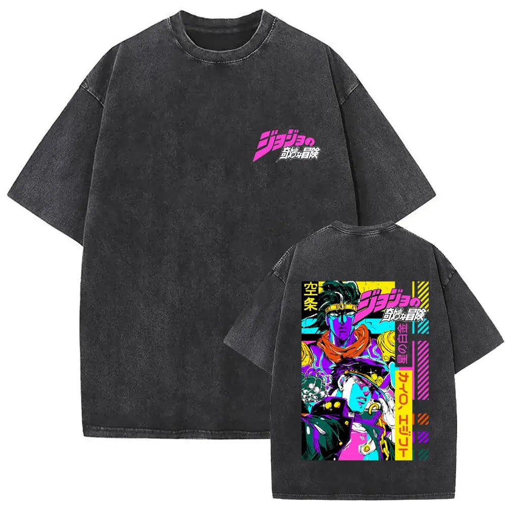 A washed Jojo Bizarre Adventure Vintage T-shirt featuring high-quality manga prints of Jotaro Kujo, Dio, and Giorno for men and women.