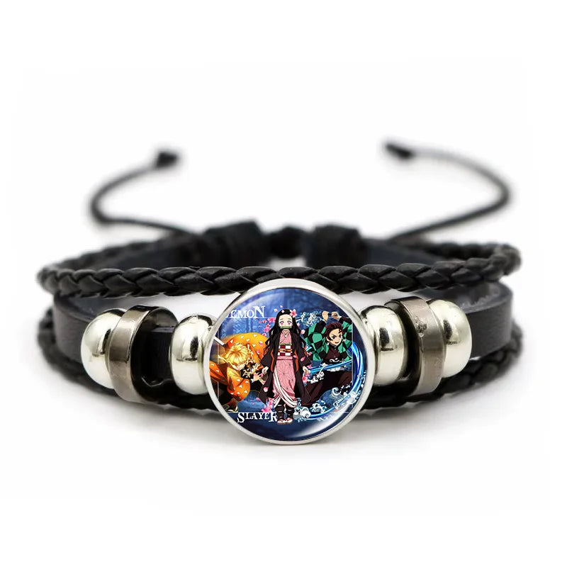 A woven leather Demon Slayer Bracelet featuring a glass art photo charm of Tanjiro Kamado and Nezuko, designed as an anime accessory for fans.