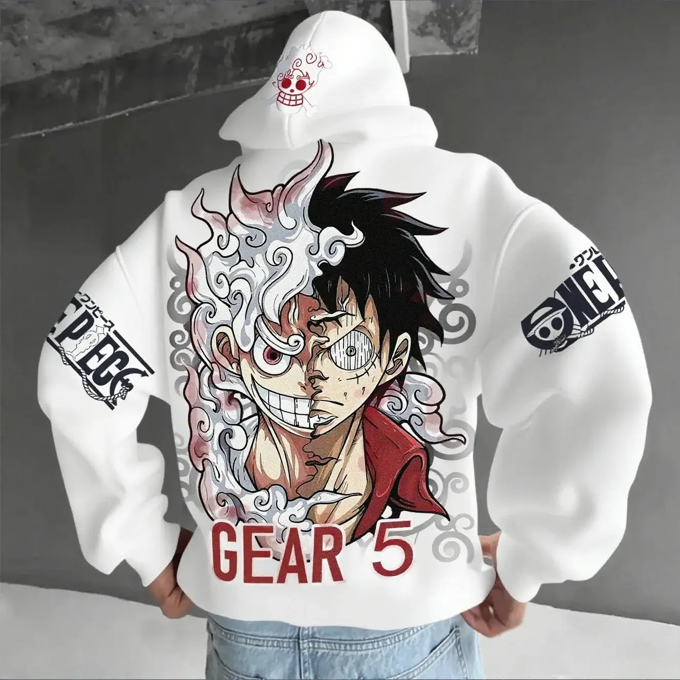 A streetwear One Piece Luffy Gear 5 Nika Anime Hoodie, a casual pullover for men and women's autumn and winter cosplay.
