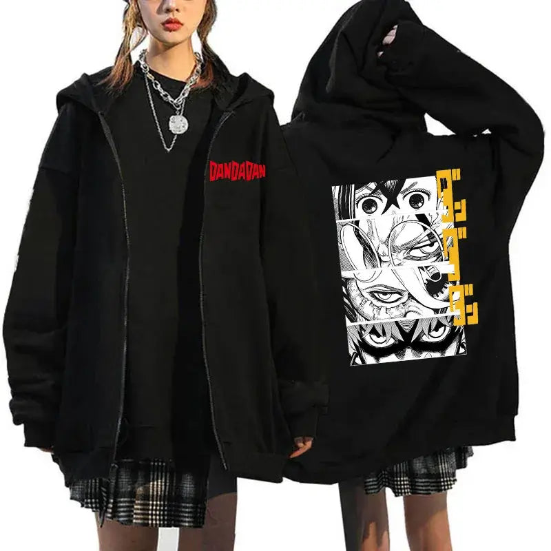 A youthful female model wearing the funny designer Dandadan Okarun Zip Up Hoodie with an anime and manga print.