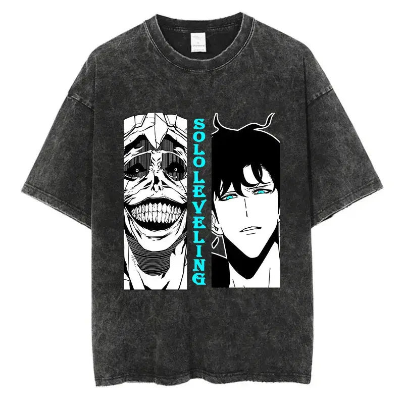 A trendy Solo Leveling Vintage T-shirt featuring a Sung Jinwoo graphic print, designed with a retro washed cotton finish for Harajuku streetwear.