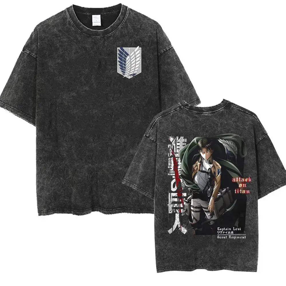 An oversized Attack on Titan Washed T-shirt featuring a vintage Levi Ackerman graphic, a stylish streetwear item for men and women.