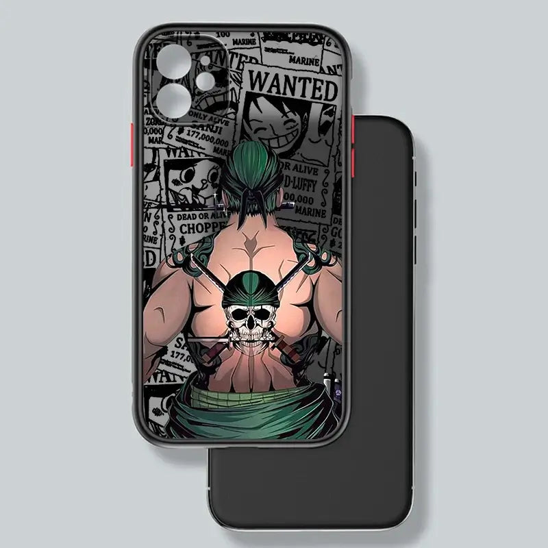 A luxury One Piece iPhone Case with frosted translucent finish and anime art, fitted for Apple iPhone 15, 14, and 13 Pro Max.