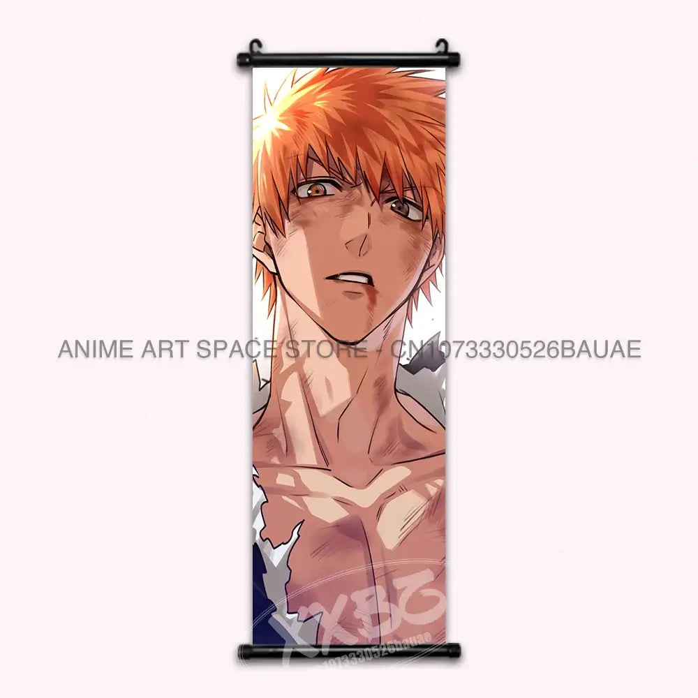High-quality Bleach Anime Posters Japanese hanging scroll featuring Kurosaki Ichigo and Kuchiki Rukia printed on durable canvas for home decor.