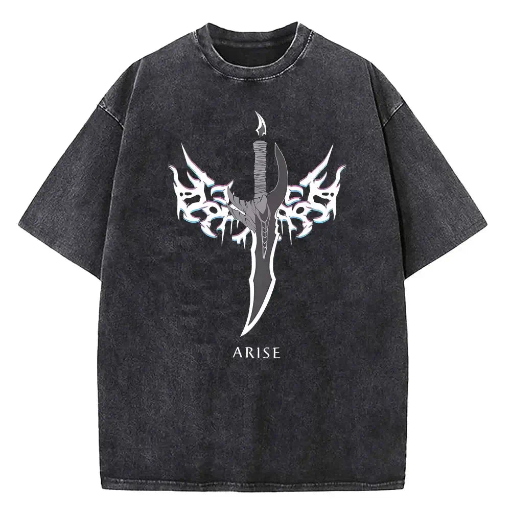 A vintage-style Solo Leveling Vintage T-shirt made of washed black cotton featuring a Sung Jinwoo graphic print, designed as Harajuku streetwear.