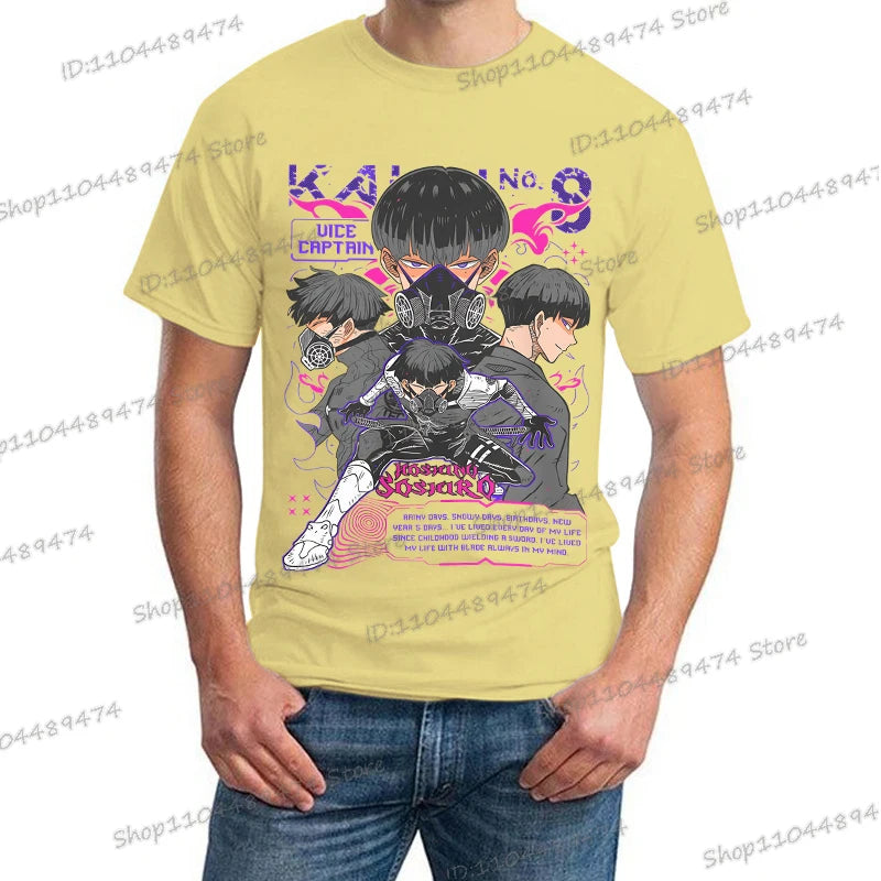 A trendy Y2K Anime Kaiju No 8 T-shirt with a creative Soshiro Hoshina print for men and women.