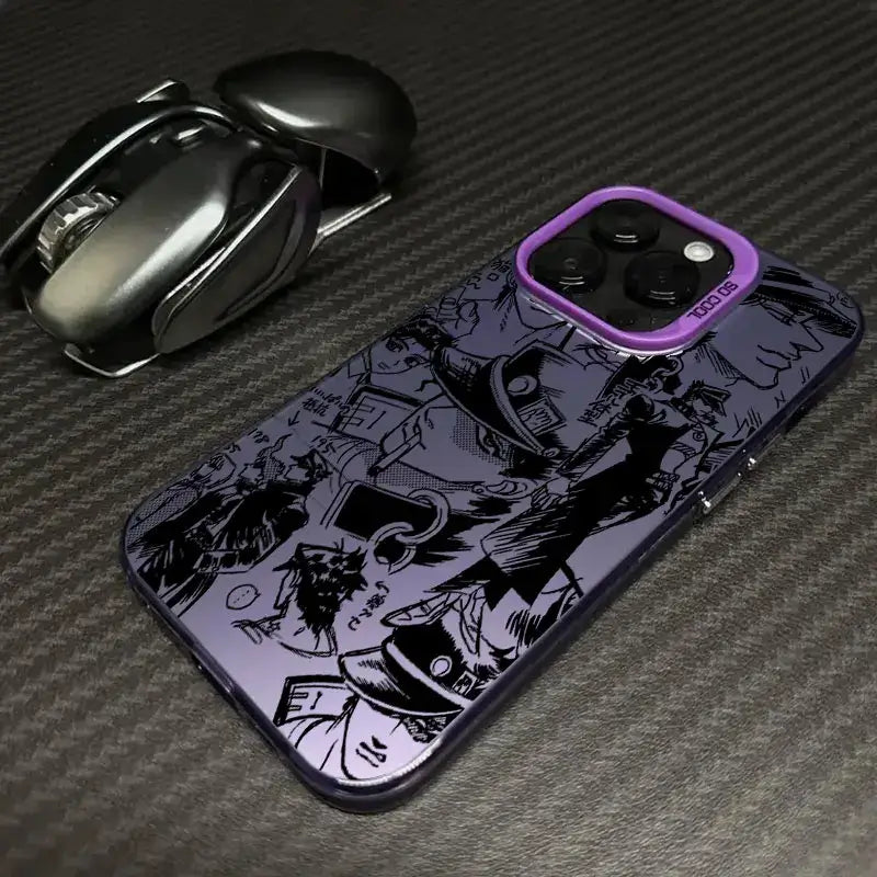 A shockproof JoJo's Bizarre Adventure Phone Case featuring colorful anime art of Jotaro and Dio, compatible with Apple iPhone 16e, 16, 15, and 14 Pro Max.