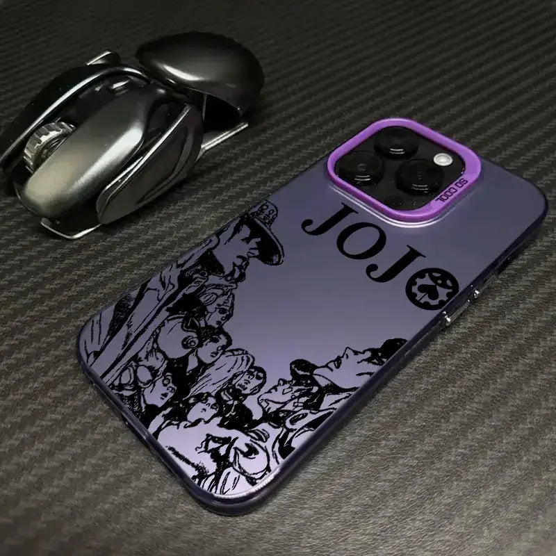 A shockproof JoJo's Bizarre Adventure Phone Case featuring colorful anime art of Jotaro and Dio, compatible with Apple iPhone 16e, 16, 15, and 14 Pro Max.