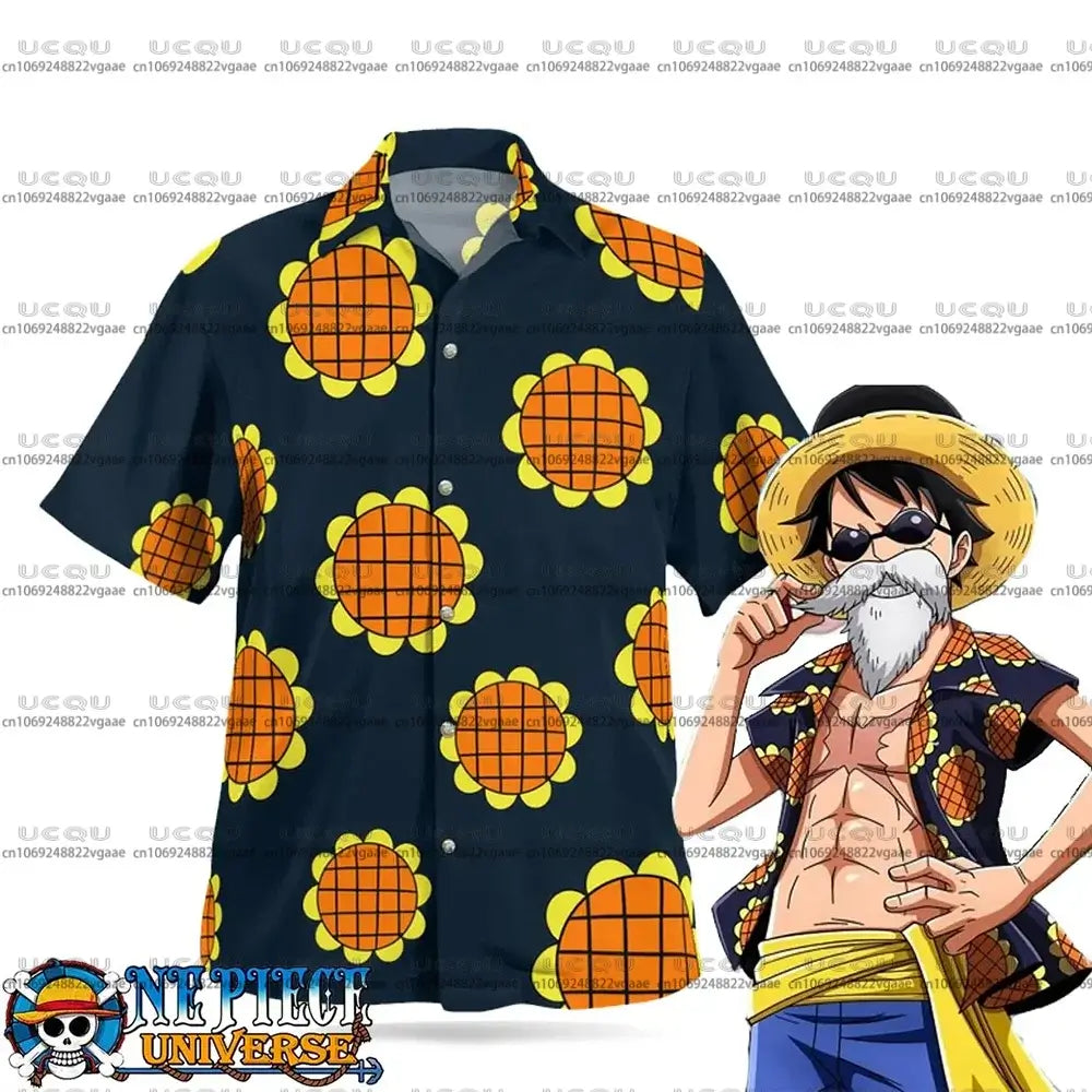 A men's and boys' sports set of Luffy Dressrosa Trousers and the sunflower One Piece Hawaiian Shirt.