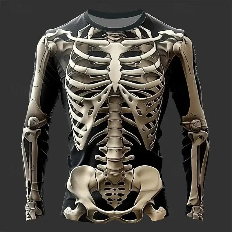 A man wearing the oversized Creative Design 3D Skull Print Men's T-Shirt with long sleeves.
