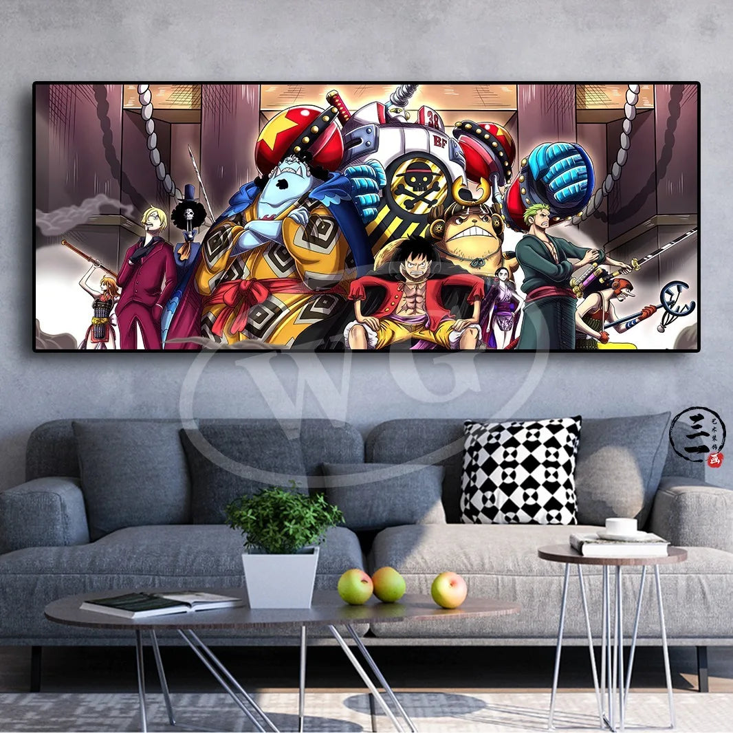 A high-quality One Piece decorative painting featuring Monkey D. Luffy, Roronoa Zoro, and Portgas D. Ace as a sofa background wall hanging.