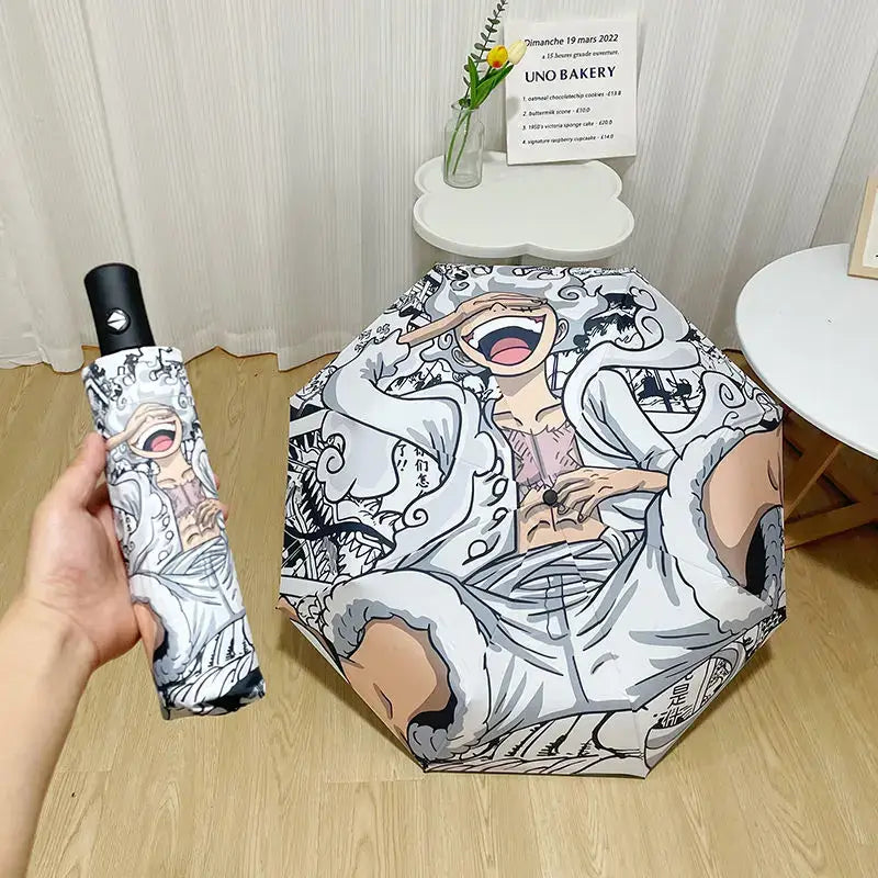 An automatic One Piece Nika Luffy Fold Umbrella with a three-fold design, featuring Gear 5 anime art and black glue sunscreen.