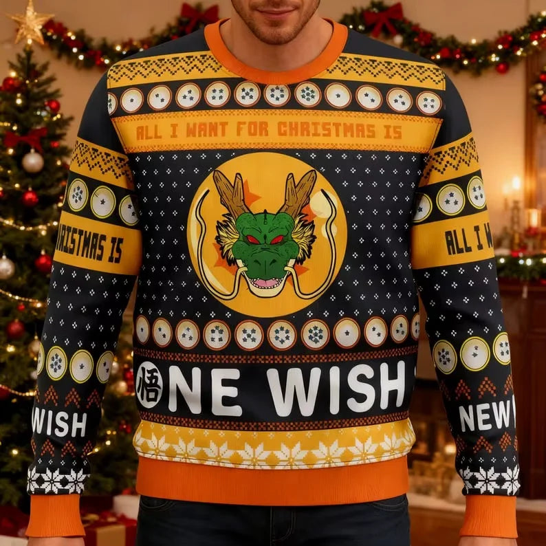 A vibrant Dragon Ball 3D Sweatshirt featuring Goku Super Saiyan art, styled as a Christmas jersey for men and children.
