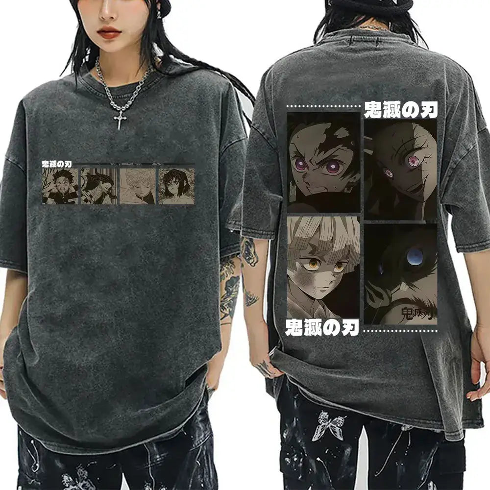 A vintage washed Demon Slayer Serpent Hashira Iguro Obanai T Shirt in a casual, oversized style for men and women.