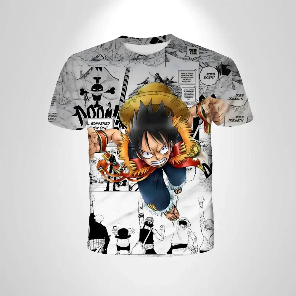A black loose-fit One Piece Luffy T-shirt featuring a cartoon cosplay graphic of Monkey D. Luffy for men and boys.