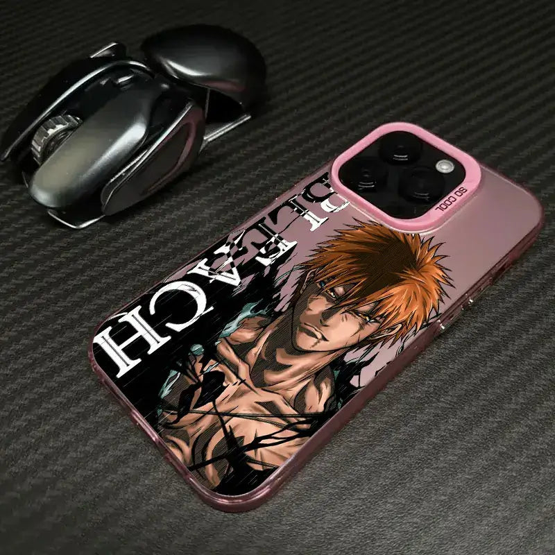 A shockproof Bleach Anime Phone Case featuring Ichigo Kurosaki and Rukia Kuchiki anime art, compatible with Apple iPhone 16e, 16, 15, and 14 Pro Max.