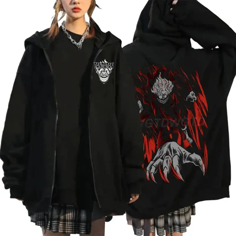 An oversized Anime Dandadan Ken Takakura Hoodie with a graphic print of Okarun, designed as a Harajuku male zipper jacket for men and women.