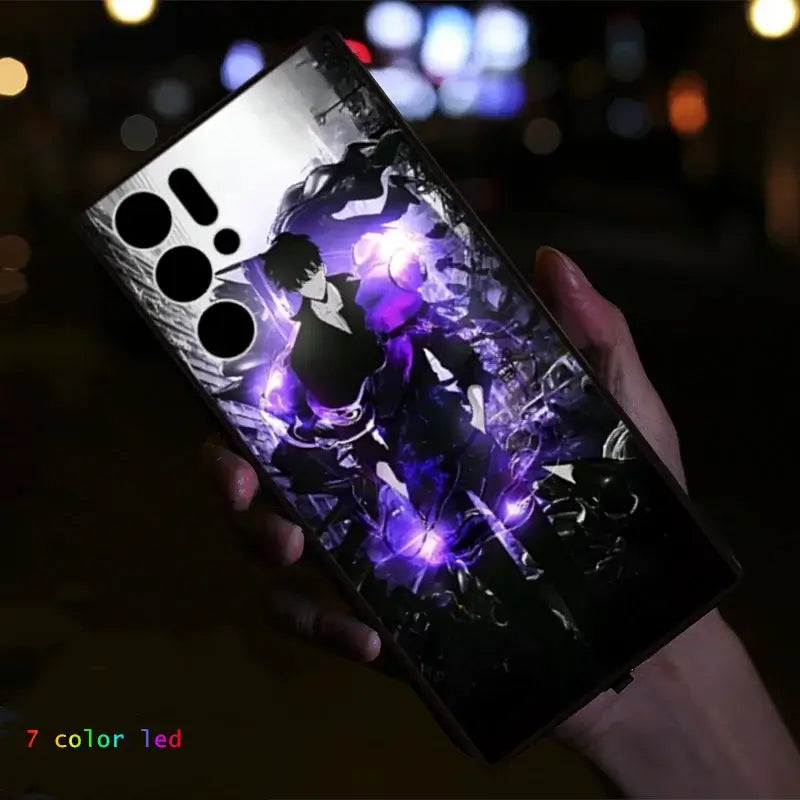 A Solo Leveling LED Phone Case for ZTE Nubia RedMagic featuring glowing Sung Jinwoo anime art that lights up.