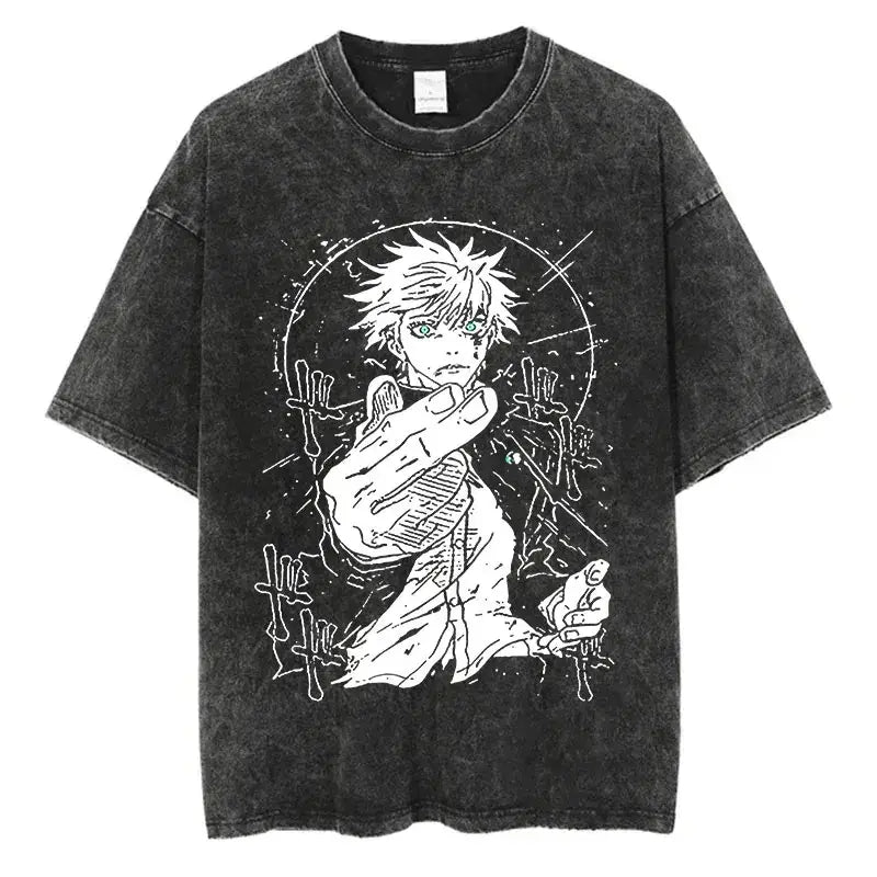 A vintage-style Anime Washed T-shirt made of 100% cotton, featuring an oversized Harajuku streetwear fit for men and women.