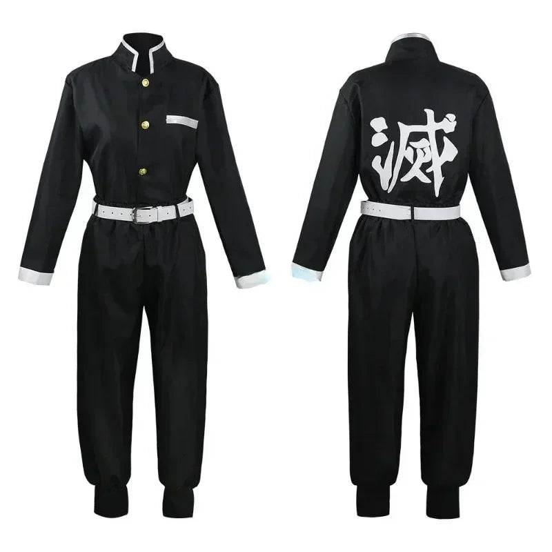 A complete Iguro Obanai Cosplay Costume featuring the black and white striped kimono, Demon Slayer uniform, and wig for Halloween parties.