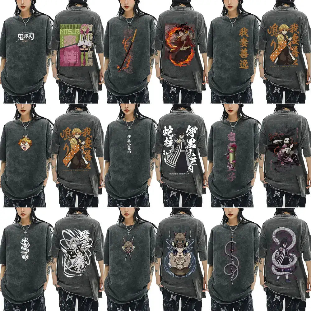 A washed black Demon Slayer Vintage T-Shirt made of 100% cotton, featuring an oversized cartoon anime graphic for men and women.