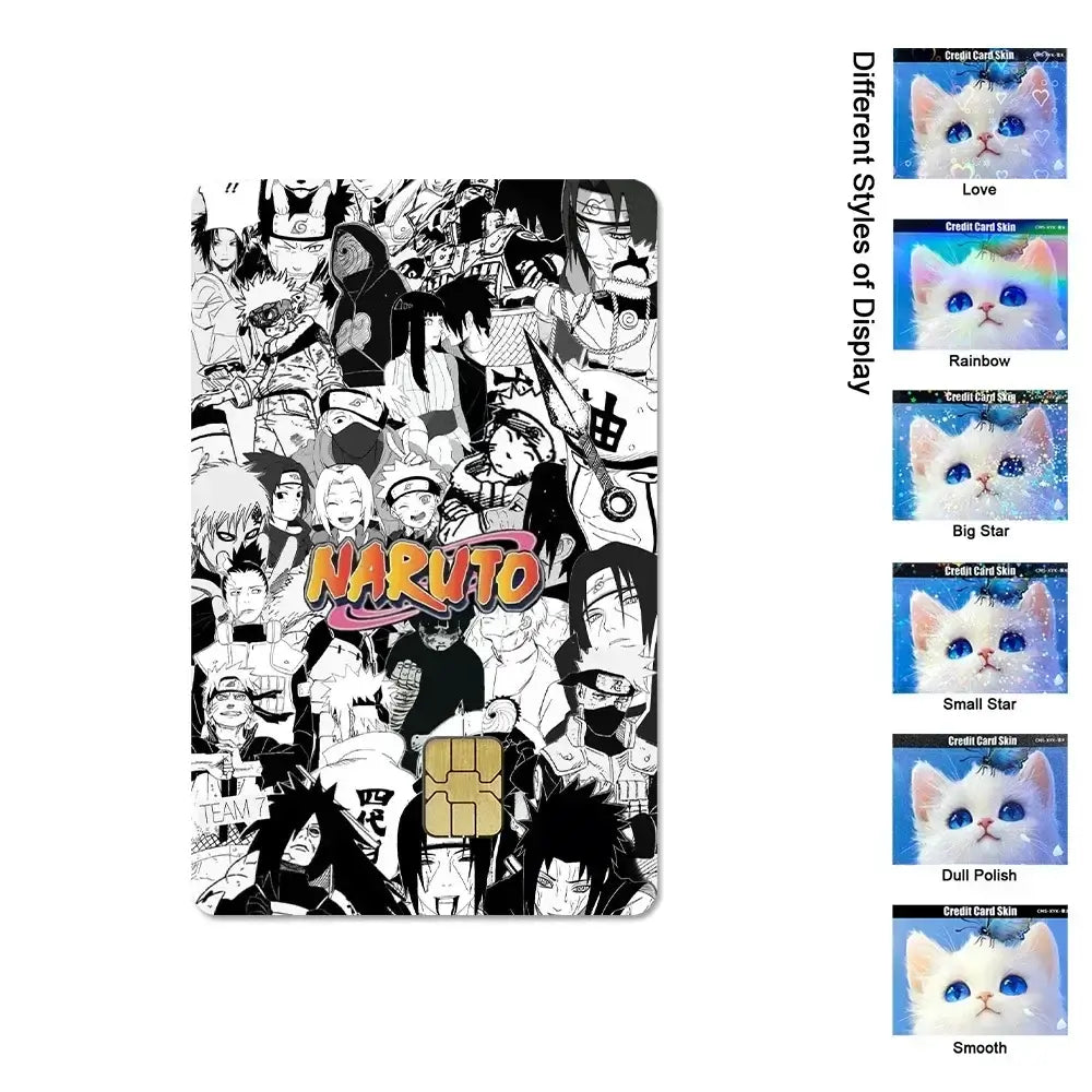 A waterproof Naruto Credit Card Skin PVC sticker featuring Uchiha Sasuke anime art applied to a standard debit bank card.