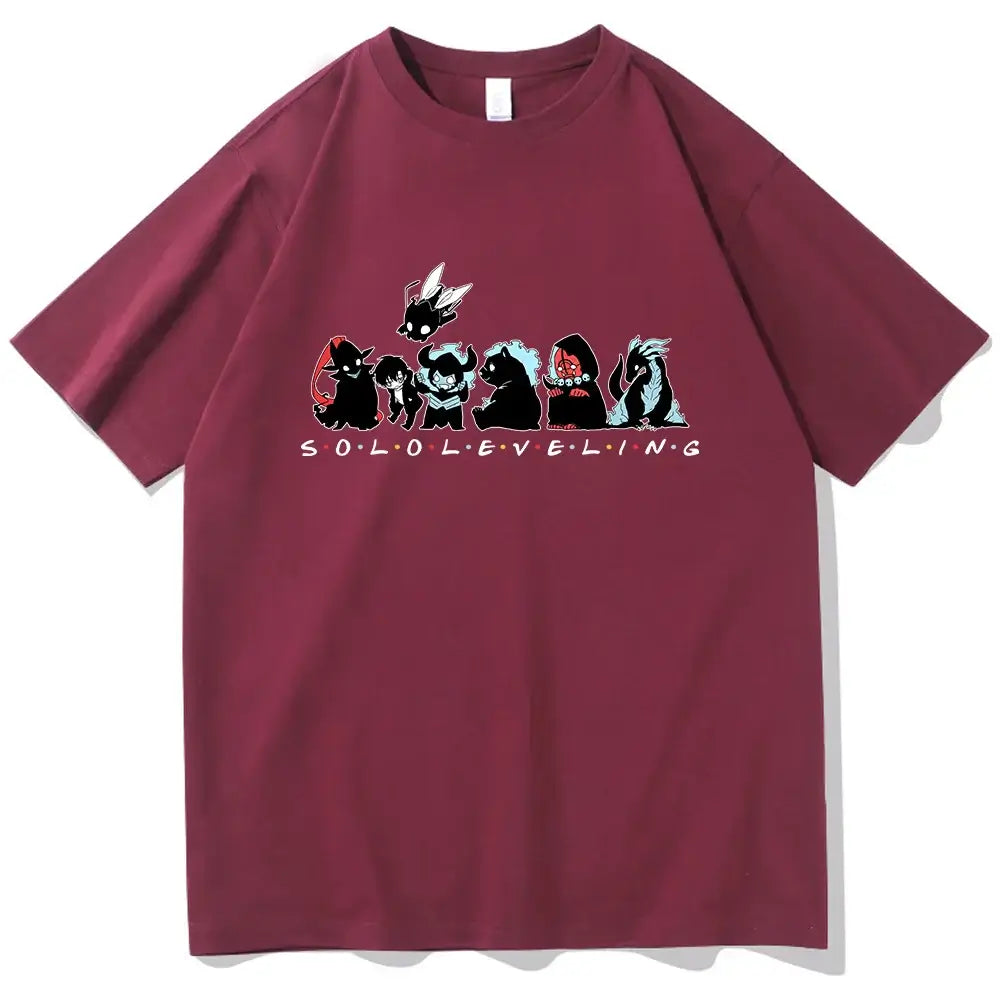A Cute Solo Leveling T-shirt with a chibi anime design, perfect as a short sleeve O-neck gift for fans.