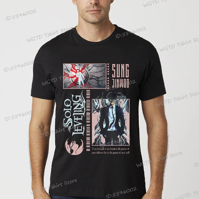 A vintage black Solo Leveling Anime T-Shirt featuring a funny Sung Jinwoo graphic print, available in sizes S to 4XL for men and women.
