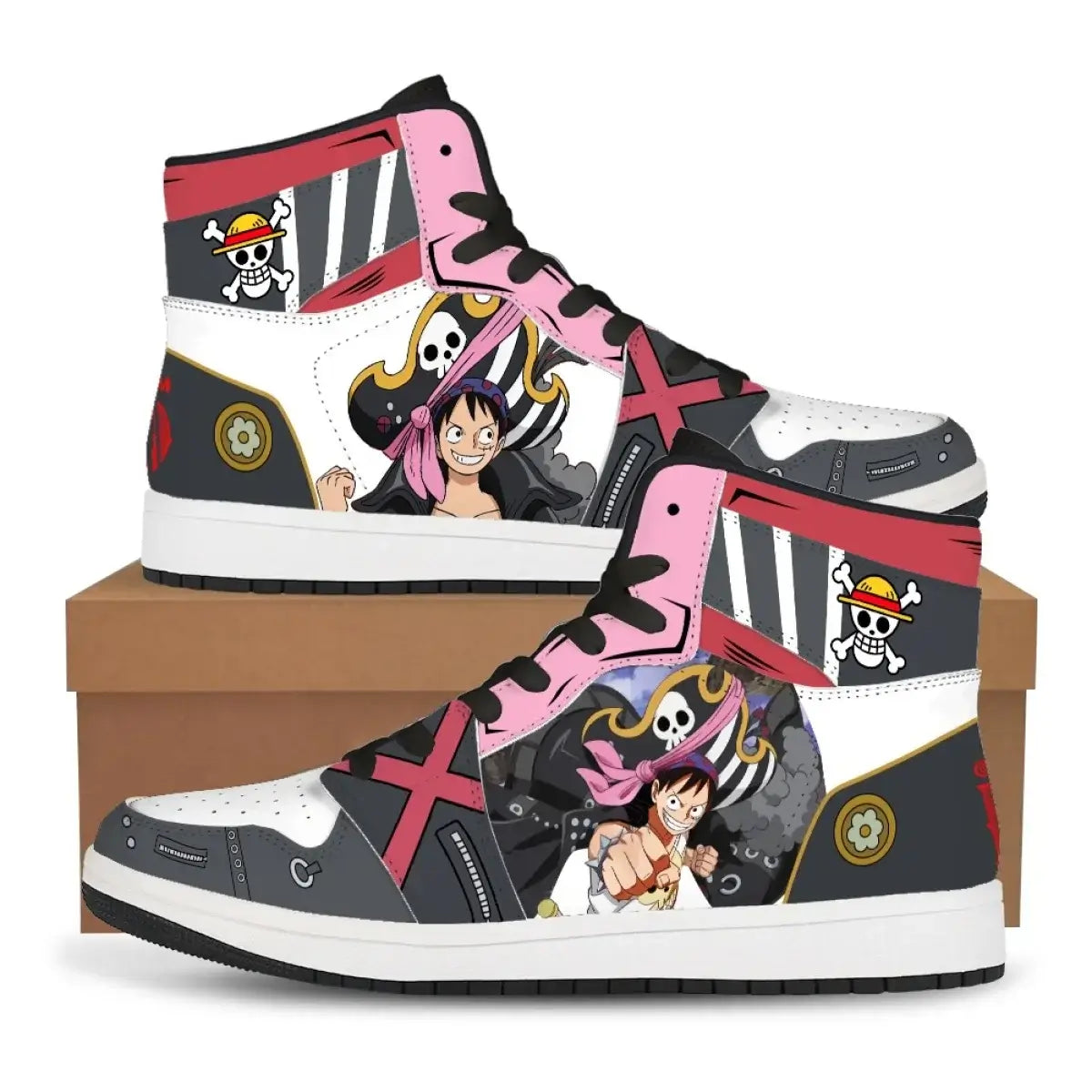 A pair of custom One Piece Basketball Shoes featuring anime designs of Luffy and Zoro, suitable as unisex sneakers.
