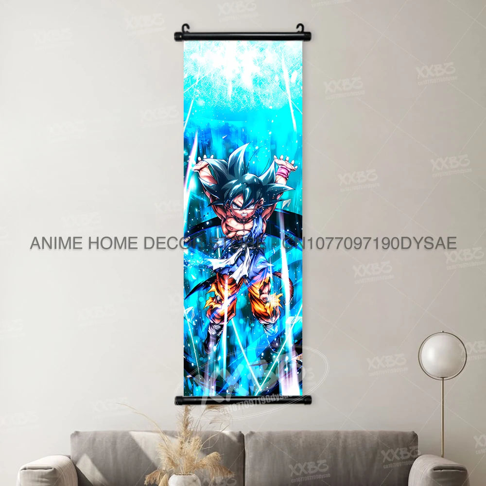High-definition Dragon Ball Posters hanging scroll wall art featuring Son Goku, Vegeta, and Frieza printed on canvas for home decor.