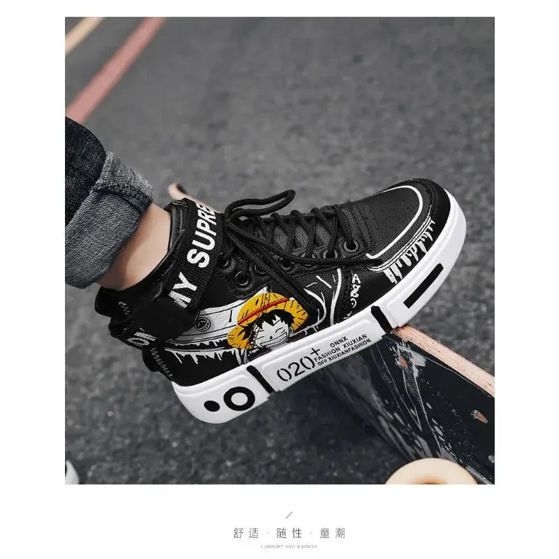 A pair of Anime One Piece Luffy High Top Shoes featuring Roronoa Zoro, designed as breathable, non-slip leisure sports sneakers for men and women.