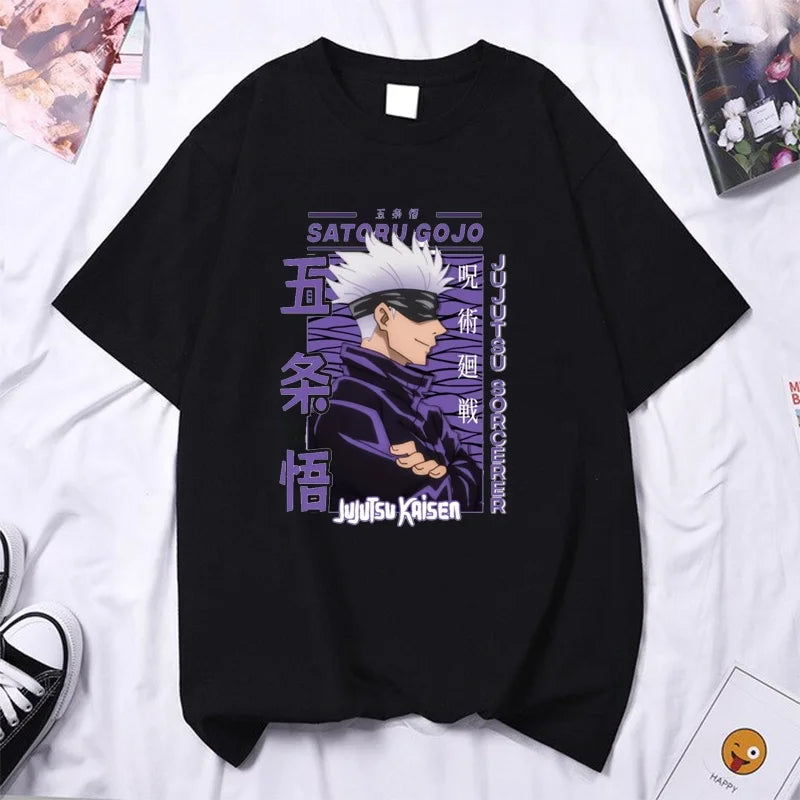 A high-quality Anime Gojo Satoru T-shirt in a summer Y2k style for men and women.