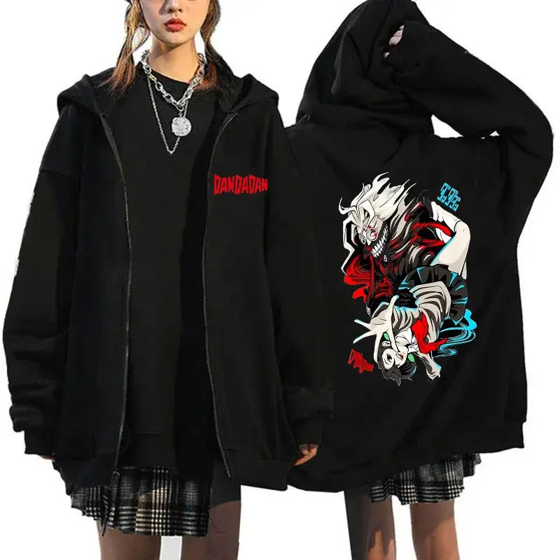 A youthful female model wearing the funny designer Dandadan Okarun Zip Up Hoodie with an anime and manga print.