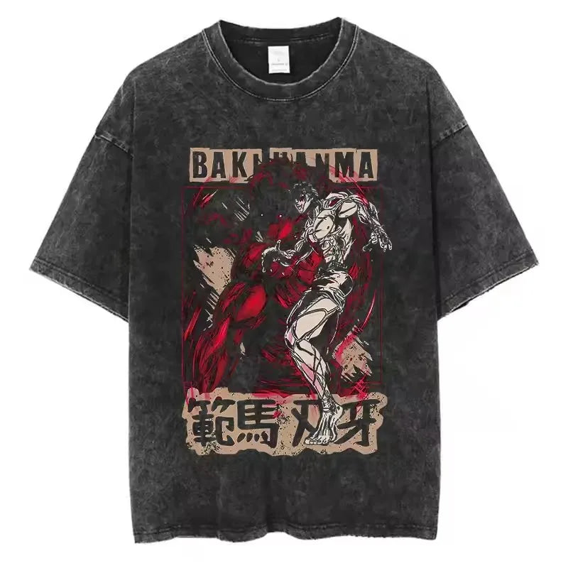 A high-quality pure cotton Baki Anime T-shirt featuring a graphic print of Baki Hanma, designed as a casual loose fit top for men and women.