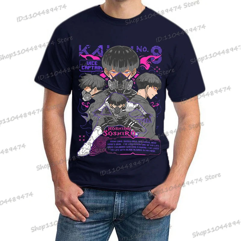 A trendy Y2K Anime Kaiju No 8 T-shirt with a creative Soshiro Hoshina print for men and women.