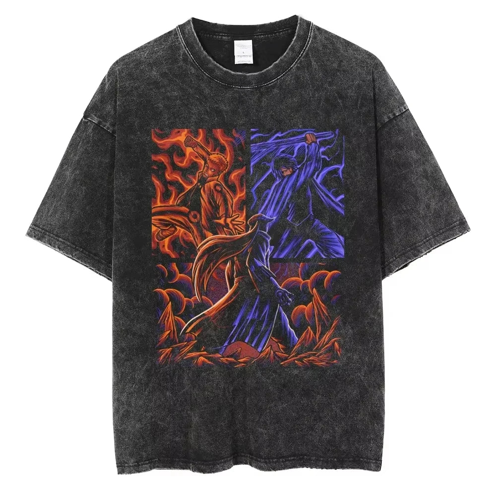 A washed black Naruto Vintage T-Shirt featuring a hip hop style anime print, designed as Harajuku streetwear for men and women.