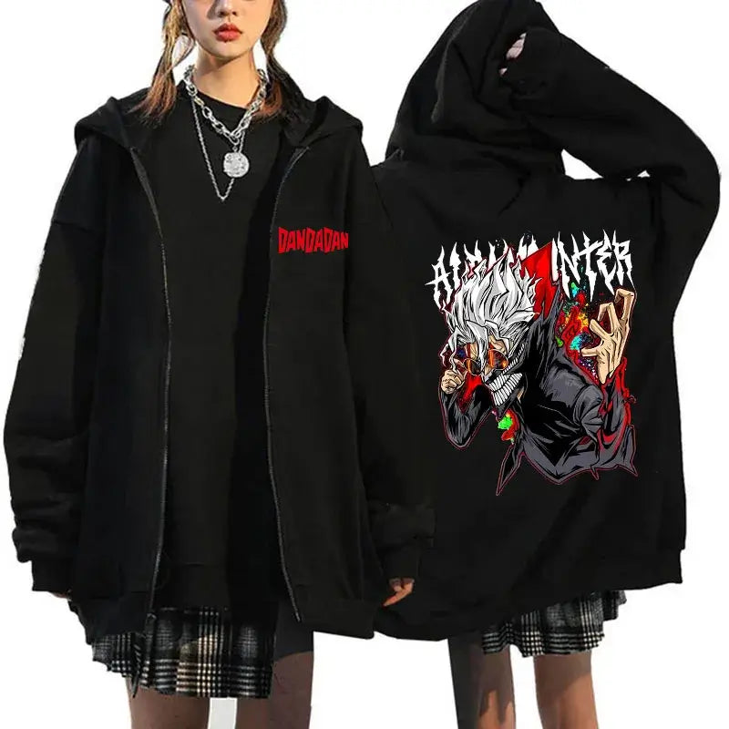 A youthful female model wearing the funny designer Dandadan Okarun Zip Up Hoodie with an anime and manga print.