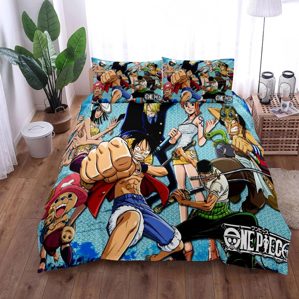 A vibrant One Piece Bedding Set featuring Monkey D. Luffy anime art on a duvet cover and pillowcase, designed for children's bedroom decor.